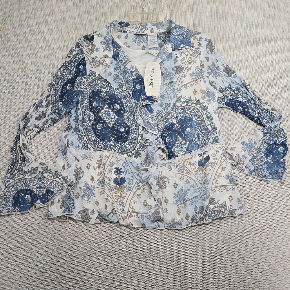 White Stag Shirt Womens Plus 16W Blue Beige Floral Print Ruffle 2 Piece Set NWT